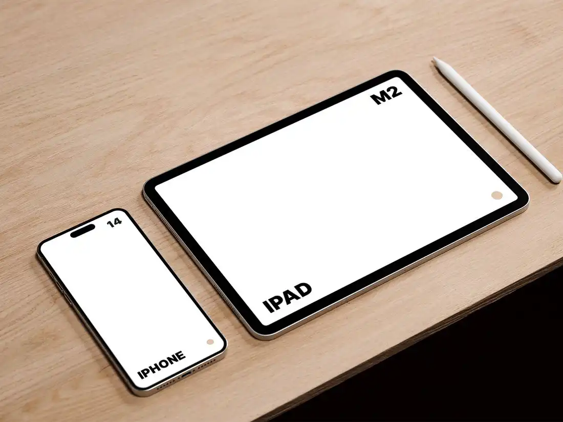 M2 iPad Pro and iPhone 14 Pro Max on Desk Mockup