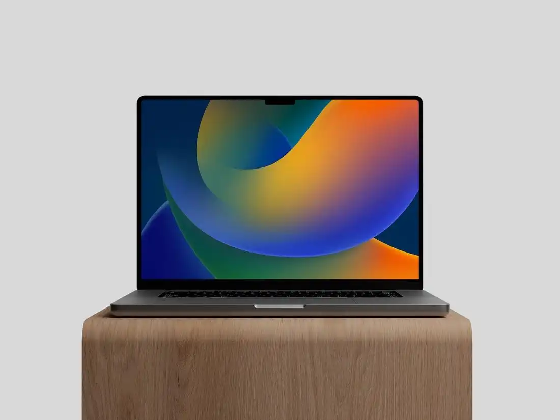 M2 MacBook Pro on Wood Stand Mockup