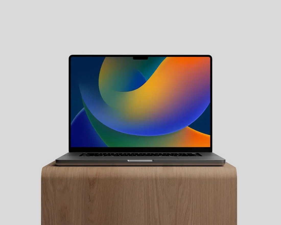 M2 MacBook Pro on Wood Stand Mockup