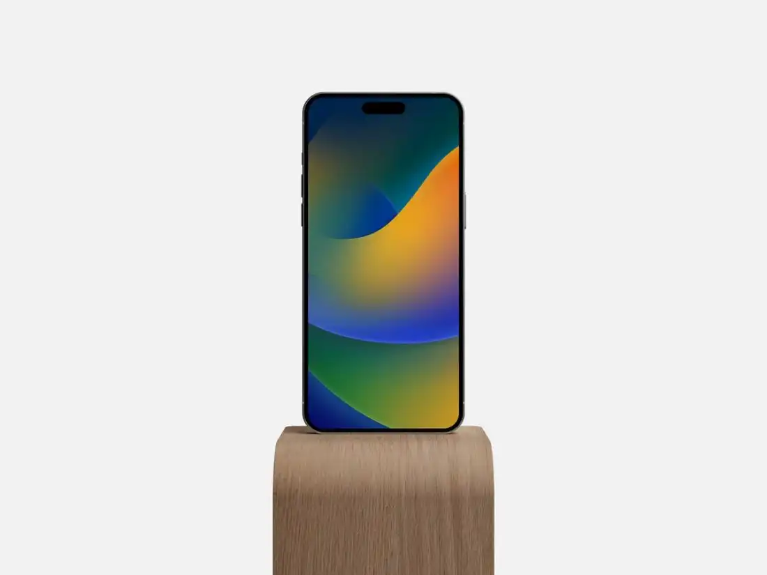 iPhone 14 Pro Max on Wooden Stand Mockup